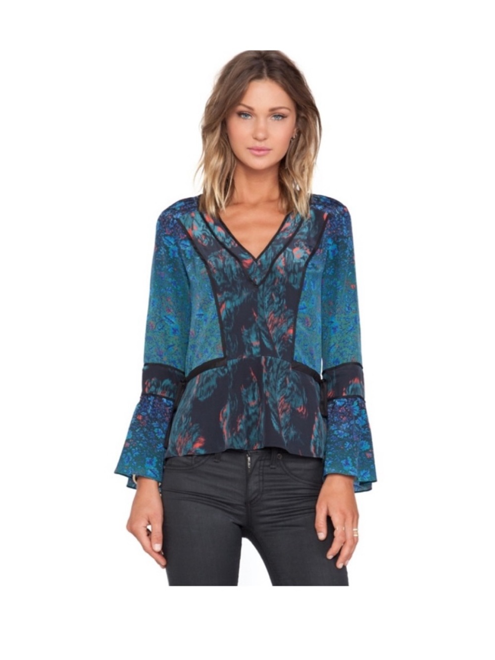 Marchesa Feather & Degrade V Neck Silk Blouse Boho